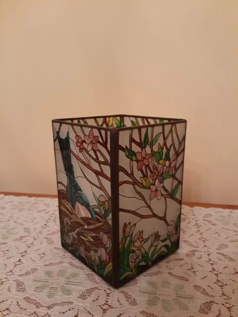 Gorgeous Stained Glass Hand Painted Candle Holder - Birds Flowers