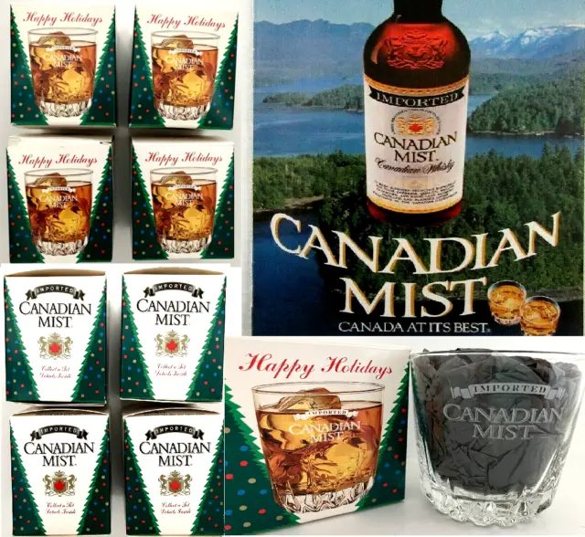 Canadian Mist 1997 Happy Holidays Rocks Glass Whiskey Tumbler Complete 4 Box Set
