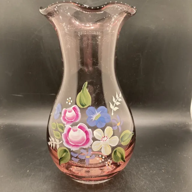 Fenton Amethyst Teleflora Vase Glass Hand Painted Florals Ruffled Top Vintage 8"