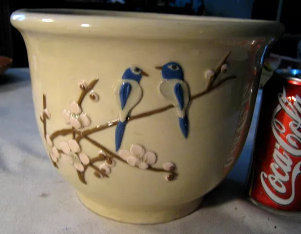 Antique Usa Home Garden Song Blue Bird Stoneware Art Crock Plant Urn Planter