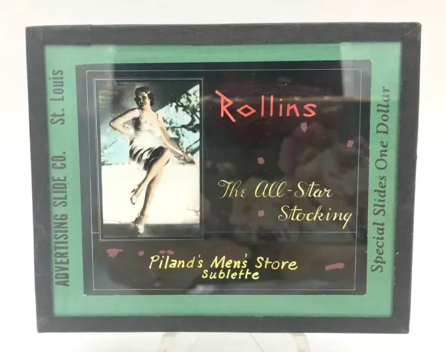 Vintage Glass Advertising Slide Rollins Stockings w/ Pinup Girl