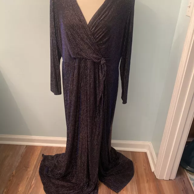 NW Nightway Women's Sz 22W Shimmering Knot-Waist LS V Neck Maxi Formal Gown EUC