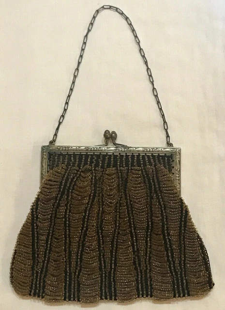 Antique Beaded Purse ~ Chain Handle ~ Art Nouveau ~ Gold Embossed Frame