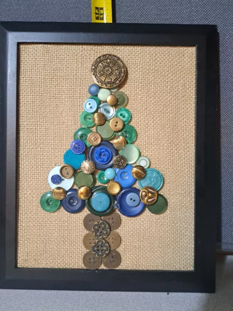 Handmade Folkart Framed Button Tree With Burlap Background. #372Bin9