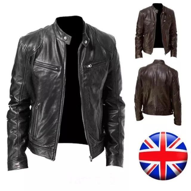 Men's Vintage Cafe Racer Black Brown Leather Slim Fit Real Biker Jacket