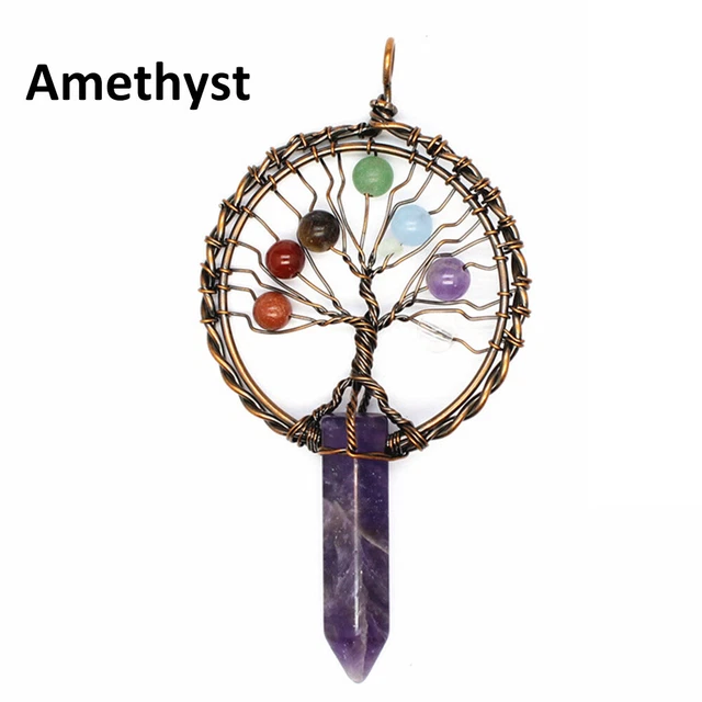 Tree of Life Pendant Wire Wrapped Natural Crystal Chakra Hexagonal Quartz Reiki