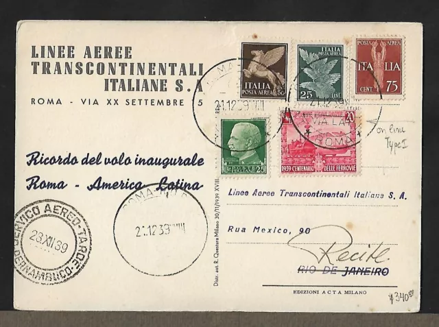 Italy To Brazil Air Mail Via Lati Redirected First Flight Ppc Cover 1939