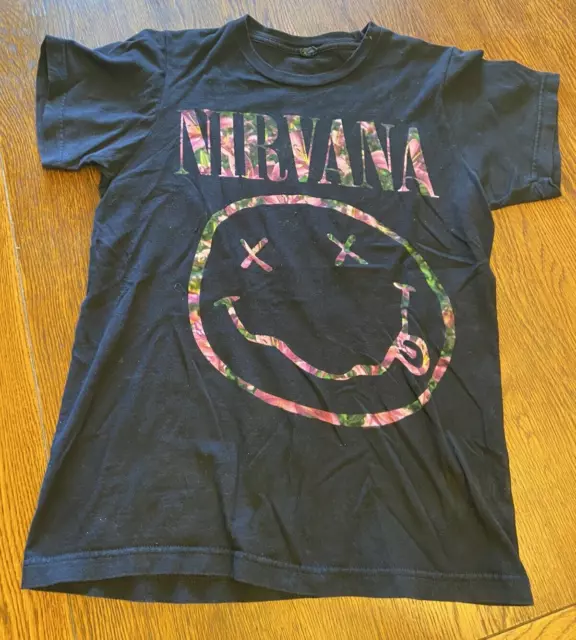 Nirvana Kurt Cobain Floral Flowers Smiley Face Logo Symbol Black Shirt Sz Small