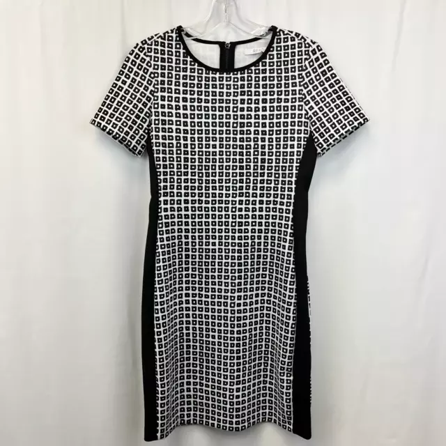 Reed Womens Sheath Dress Black White Geometric Scoop Neck Short Sleeve Zipper XS