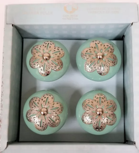 Casa Decor Teal Green Ceramic+Silver Daisy Drawer,Cabinet,Dresser Knobs,Pulls