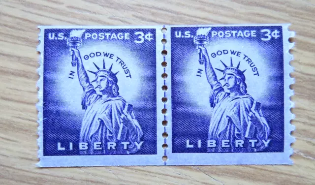 US Scott #1057 3 Cent Statue of Liberty Coil Line Pair MNH OG  Vintage US Stamps