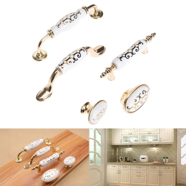 White Ceramic Alloy Kitchen Cabinet Pull Drawer Handles Closet Door Knobs
