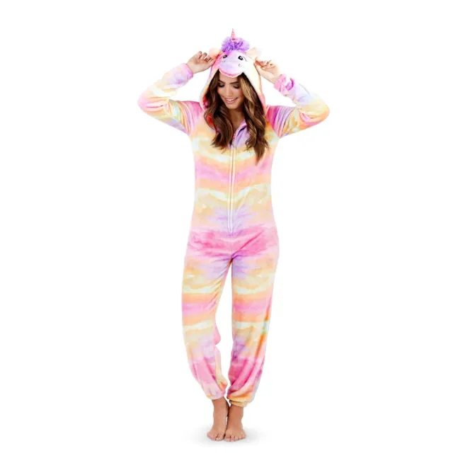 Ladies/Girls Fleece Rainbow Unicorn All In One Pyjamas Outfit Costume
