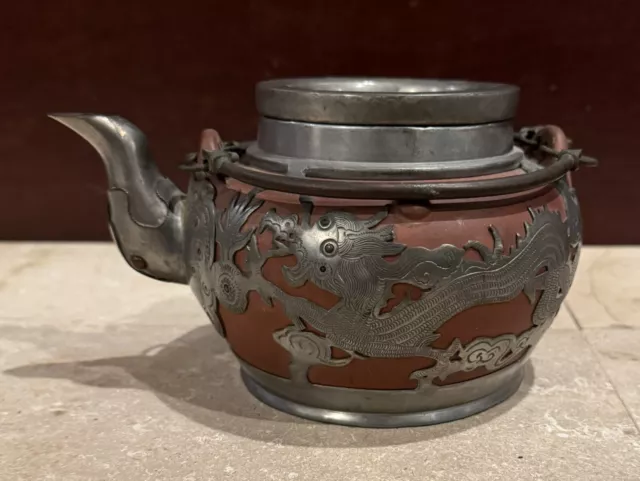 Old Chinese Clay Teapot with Partial Pewter Covering of Dragons & Bats