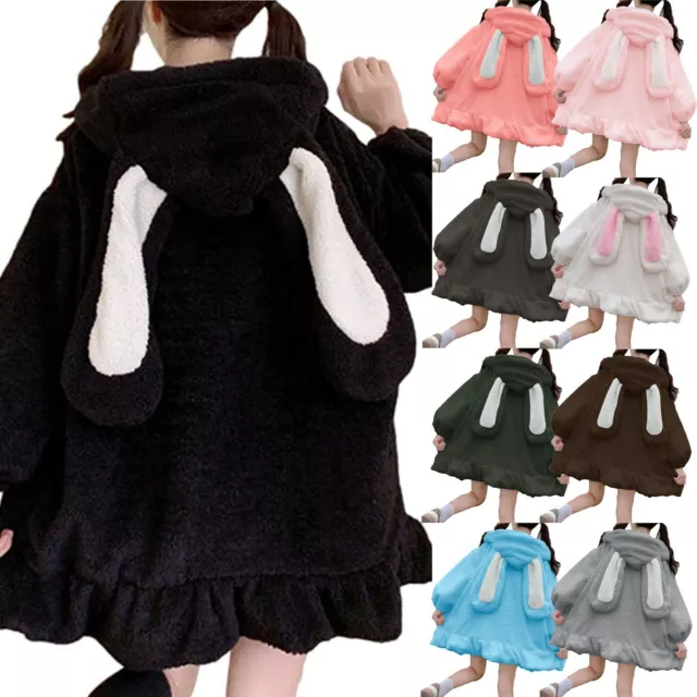 US Women Cute Bunny Ear Long Sleeve Fuzzy Fluffy Rabbit Sweatshirt Hoodie Coats