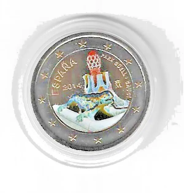 Spain Park Güell 2014 Colored Coloured Coin + Partly Gold Plated