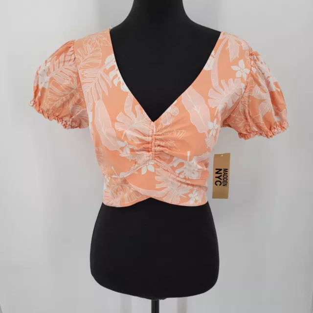 Madden NYC Top Juniors Large Crop Puff Sleeves Tie Back Floral Padded NEW