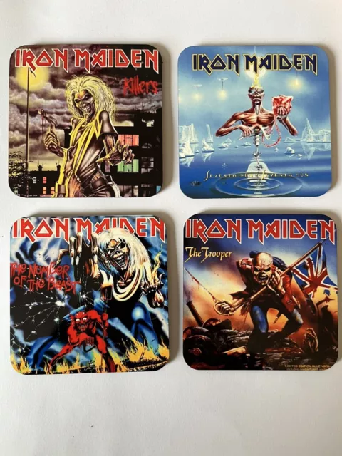 Set of four handmade iron maiden coasters