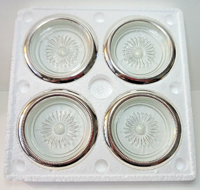 Coasters GODINGER Glass & Silver Plated Coasters Starburst 4 New Old Stock 1987