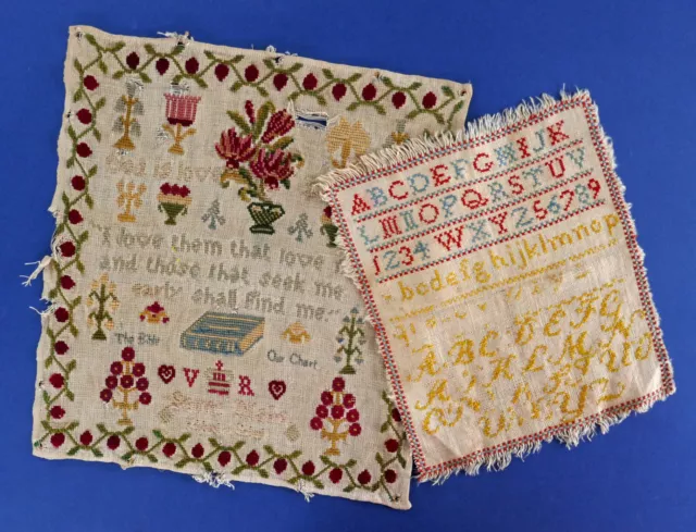 Two Antique Victorian Samplers,  One Stitched With Vr & Crown