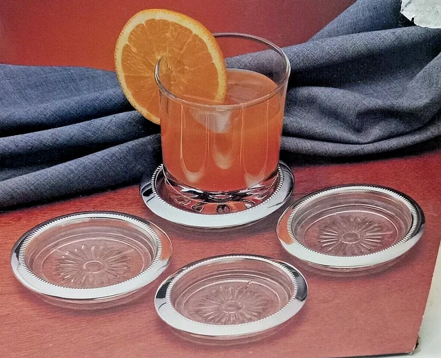 Coasters GODINGER Glass & Silver Plated Coasters Starburst 4 New Old Stock 1987
