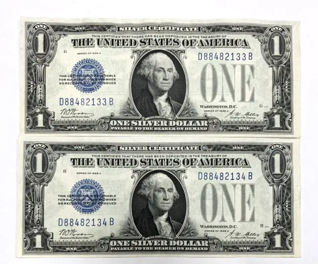1928-A $1 Silver Certificates CONSECUTIVE PAIR of FUNNY Backs
