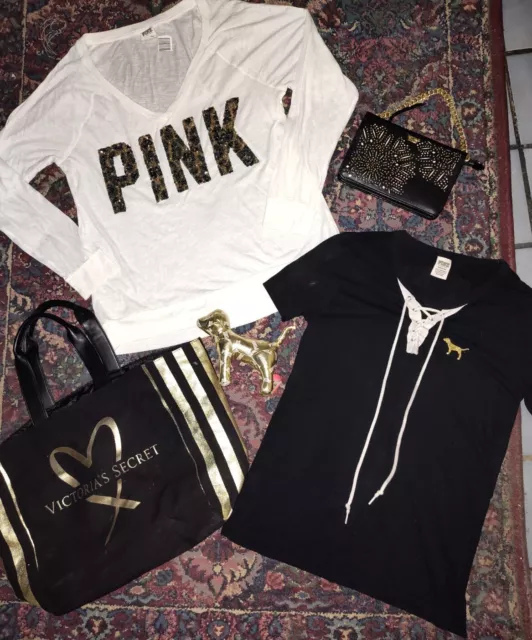 Victorias Secret PINK Bling Gold Black Large Small bundle of 5 Bag Purse Shirts