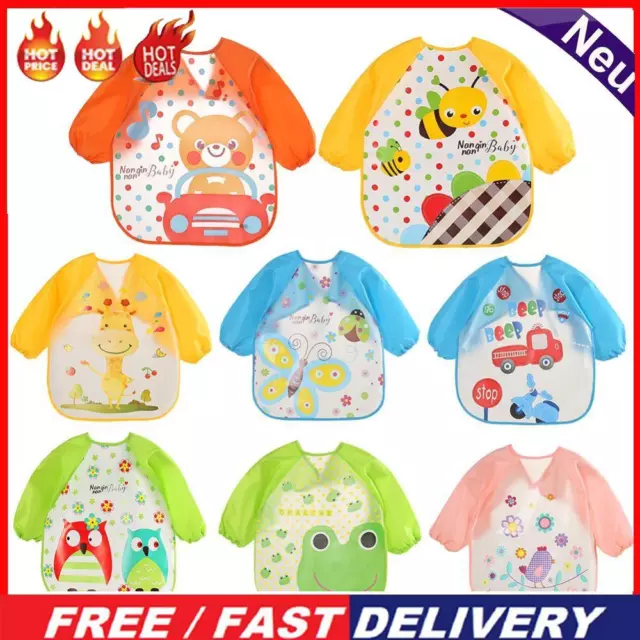 Cartoon Waterproof Unisex Baby Feeding Long Sleeve Art Apron Animal Bibs