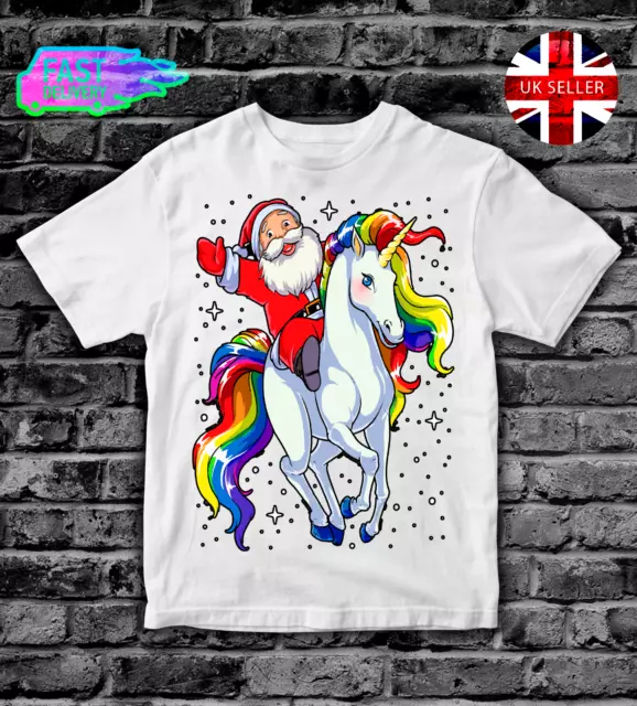 T-shirt SANTA RIDING UNICORN Bambini Top Ragazzi Ragazze ADULTI UOMO T SHIRT NATALE