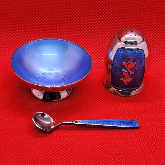 3 item set Volmer Bahner VB Denmark Sterling Silver Guilloche Enamel Salt vc127