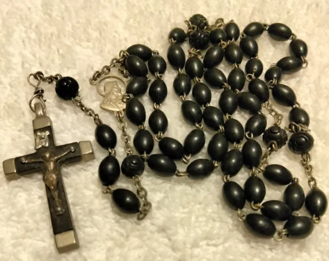 19th C Wood Bead Rosary Ebony Crucifix Ornate Our Father Beads 2