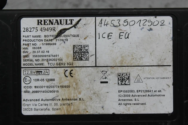 RENAULT CONTROL UNIT telematics module TCU GEN2 3G2 282754949R $161.04 ...