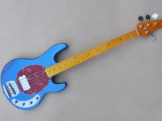 Metal Blue Electric Bass Guitar with Maple Fretboard Red Tortoiseshell Pickguard
