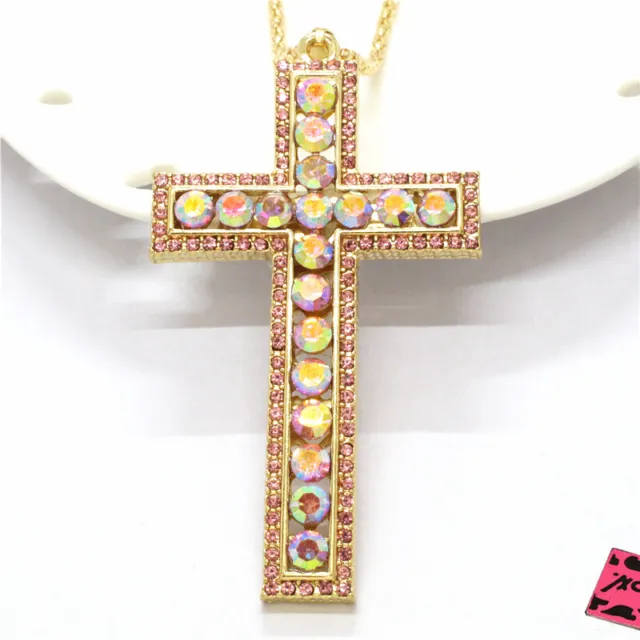 New Betsey Johnson AB Pink Prayer Cross Bling Crystal Pendant Chain Necklace