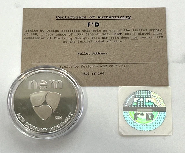 N.E.M  2018 Cold Storage .999 Silver #16/100 DIY Coin Crypto w COA & Hologram