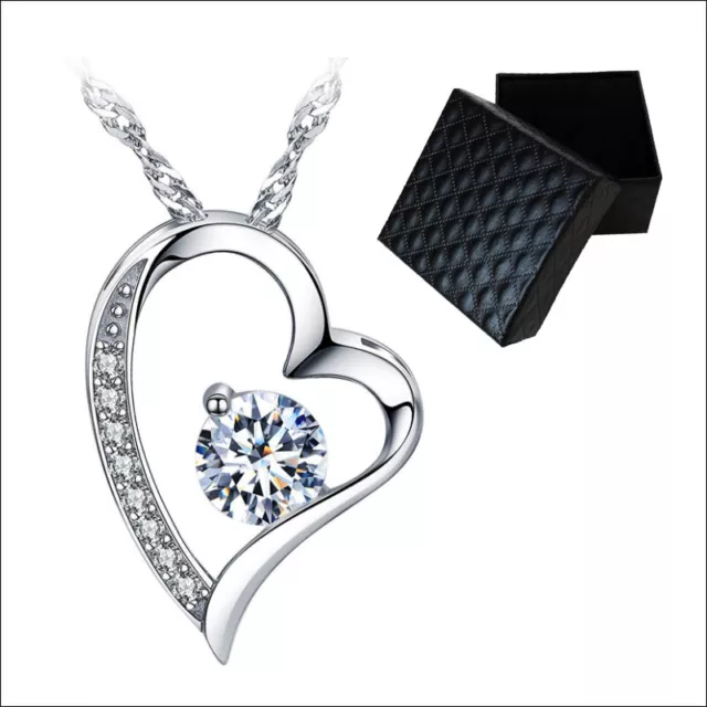 Collar Colgante Corazón Circonia Cristales 925 Plata de Ley Caja de Joyas Mujer