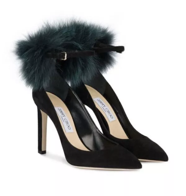 Jimmy Choo Black Rosa 100 Fox Fur Pom-pom & Suede D'orsay Ankle-strap Pumps 10.5 2