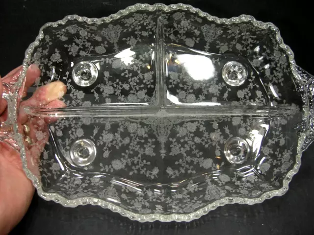 Cambridge Glass Rose Point Etch 3-Part Divided Serving / Relish Dish w/ Handles