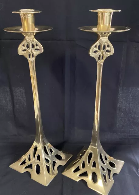Art Nouveau Solid Brass WMF Eiffel Tower Candlesticks with Pierced Base 14.5”