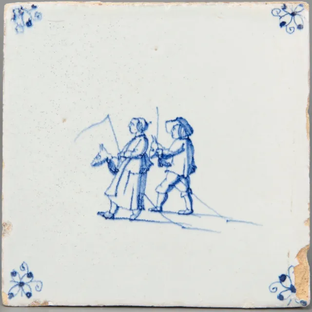 Nice Dutch Delft Blue tile, child play: hobbyhorse, late 17th ct, circa 1680.