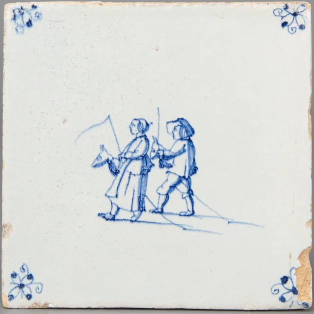 Nice Dutch Delft Blue tile, child play: hobbyhorse, late 17th ct, circa 1680.