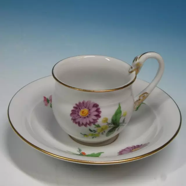 Meissen Crossed Swords Porcelain - Flowers Goose Neck Handle Cup & Saucer Set #2