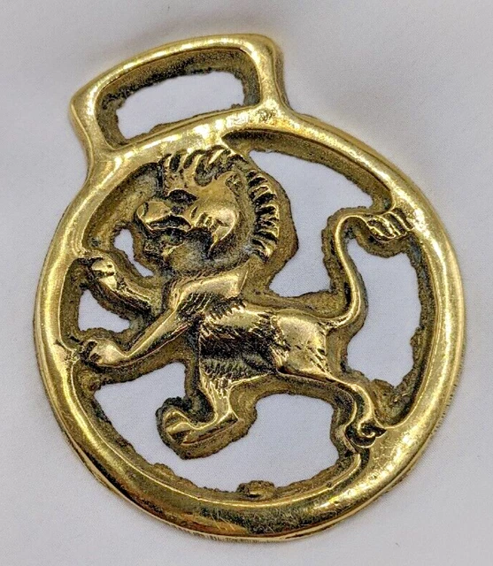 Brass Horse Medallion Vintage English Rampant Lion Leo Jungle King Show Parade C