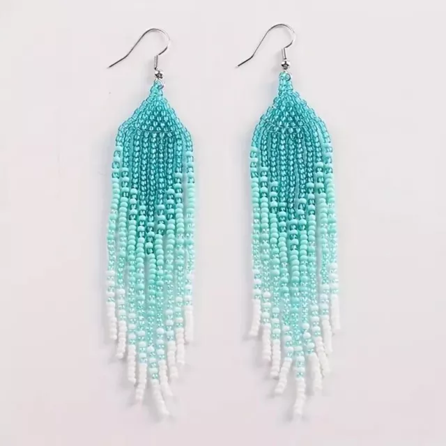 Teal Blue Bohemian Style Hand Braided Long Tassel Beaded Earrings Women Fashion