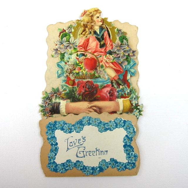 VINTAGE VALENTINE PULL Down Die Cut Stand Up Victorian Girl Flower