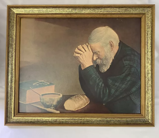 Vintage Eric Enstrom Old Man Praying GRACE Framed Print 19.25 x 22.25"