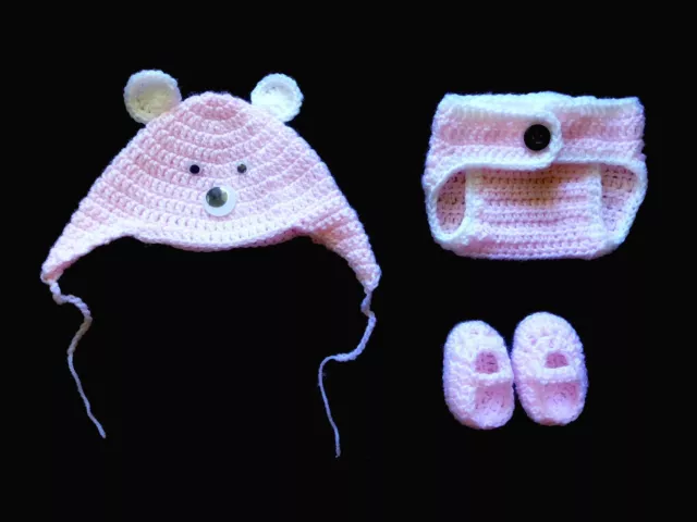 0-3 Months Hand Crochet Knit Baby Girl Photo prop Outfit Diaper Cover Hat Shoes