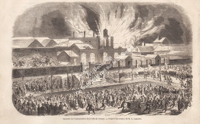Gravure 1855 engraving,Incendie de l'embarcadère de la ville de Troyes, pompiers