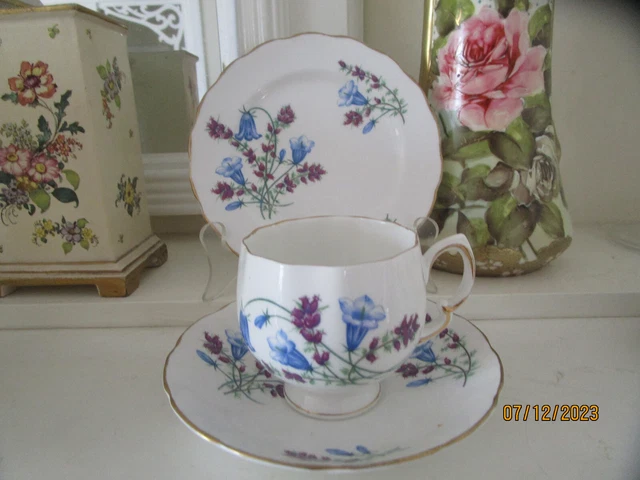 Pretty Colclough Bell Flowers & Grape Hyacinths Fine Bone China Trio
