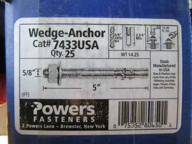 (25) Powers 7433USA Power Stud Wedge Expansion Anchors 5/8" X 5" NEW!!! In Box